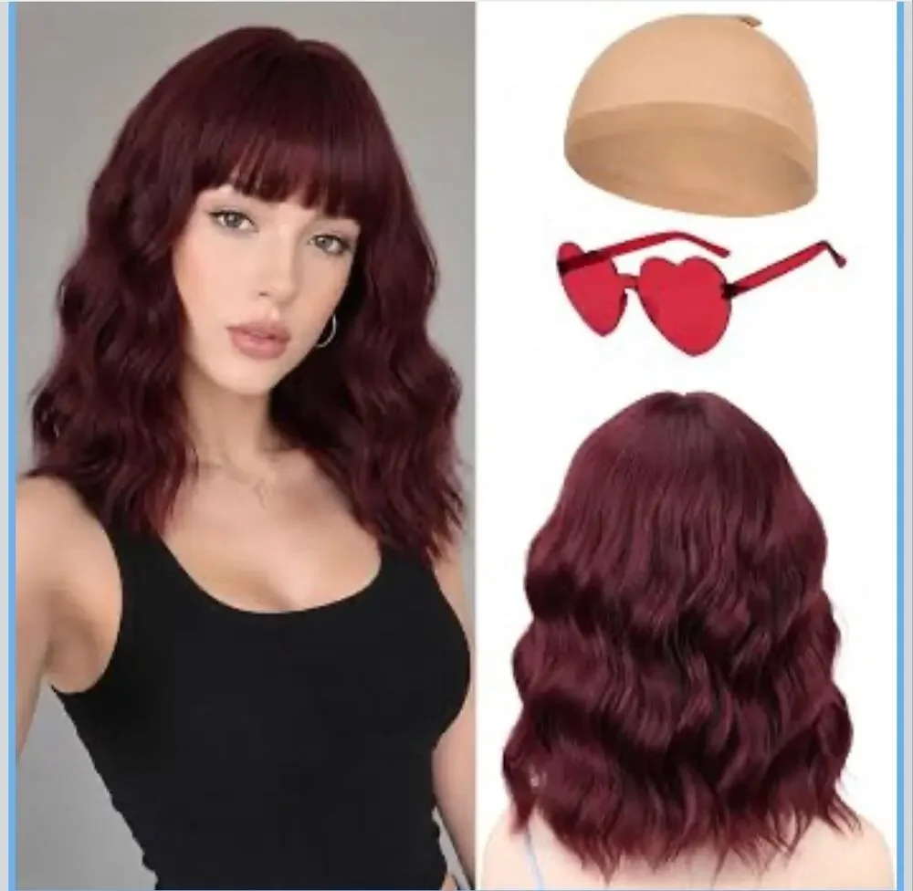 VIIYEESS Wine Red Wavy Bob Wig with Bangs 14” Synthetic Heat Resistant